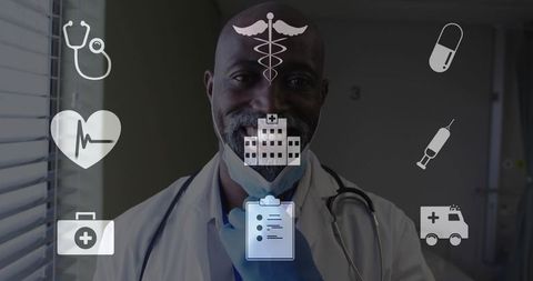 Male doctor pulling down mask while smiling with medical icons overlay, clinic trust concept