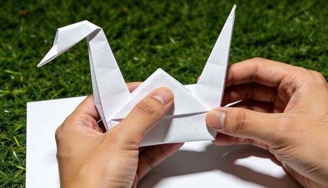Hands holding and folding white origami crane on grass in bright sunlight