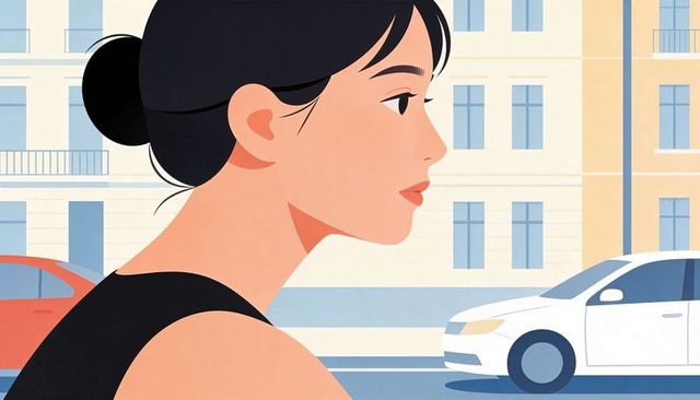 Urban woman facing right in sleeveless black top by street with white sedan and building
