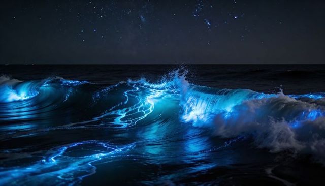 Electric Blue Bioluminescent Ocean Waves Crashing Under Starry Night, Illuminating Surface