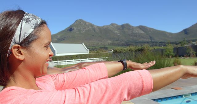 Happy Woman Relaxing Arms Stretched Enjoying Mountain View Outdoors - Download Free Stock Images Pikwizard.com