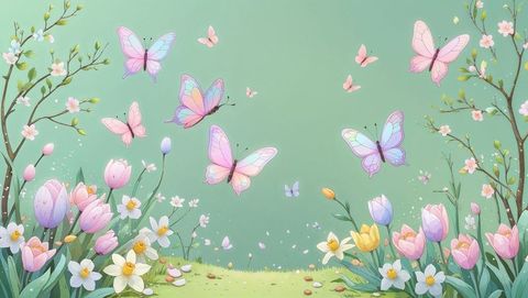 Pastel butterflies dancing over spring meadow