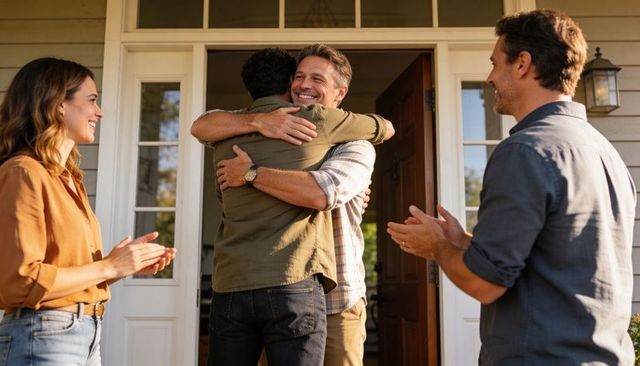 Men embracing on front porch while friends applaud during joyful homecoming reunion