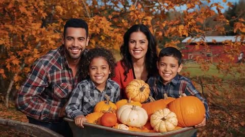 Family smiling and posing at pumpkin patch, loading wheelbarrow with pumpkins