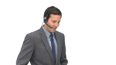 Businessman Using Headset for Communication on White Background