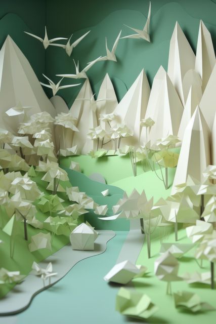 Origami landscape with trees and birds, created using generative ai technology. Orgiami art, scenery, nature and pattern concept digitally generated image.