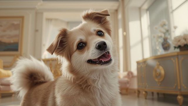 Happy cream-and-tan spaniel wagging tail in luxurious sunlit living room with ornate decor