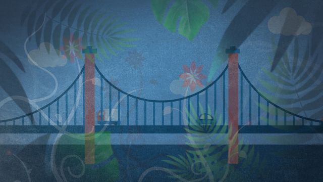 Cartoon bridge with cars and trucks driving, seen through various plants on blue background. Ideal for illustrating transportation concepts, urban environments, or playful design projects.