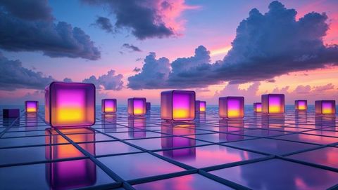Futuristic Glowing Cubes on Reflective Waterfront at Sunset