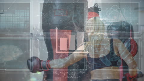 Female Boxer Training with Digital Data Overlay in Gym Setting