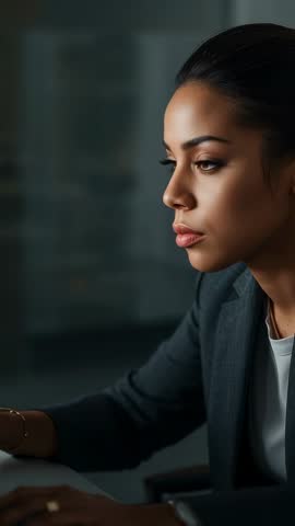 Vertical video of professional woman typing and reacting to screen with focused expression