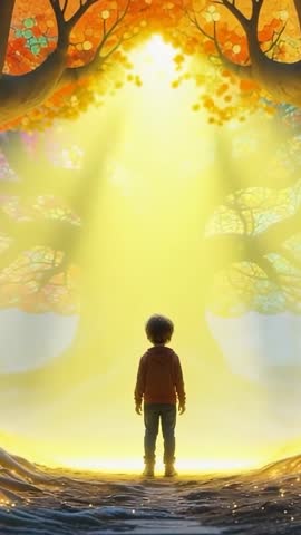 Vertical video: Child stepping into glowing forest light beams, fantasy wonder adventure
