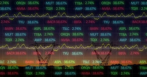 Stock Market Data Overlaid on Power Lines at Sunset