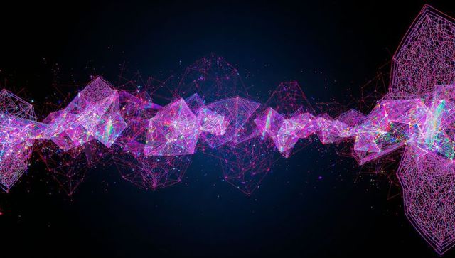 Futuristic neon network with floating wireframe meshes