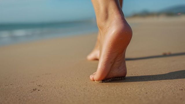 Barefoot walking on sunlit beach closeup, toes pressing into wet sand at shoreline
