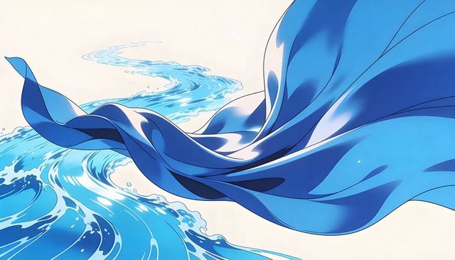 Luminous blue silk ribbon flowing over stylized water waves abstract fluid motion