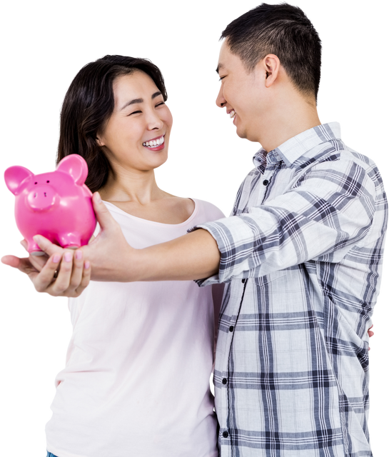 Happy Couple Holding Pink Piggy Bank While Smiling at Each Other - Transparent Background - Download Free Stock Videos Pikwizard.com