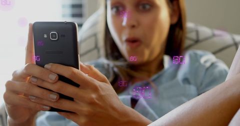 Surprised woman encountering 6g technology on smartphone