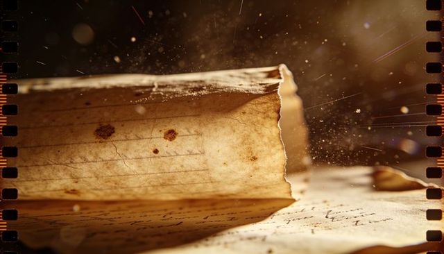 Torn aged parchment catching warm sunlight with dust motes and film sprocket borders