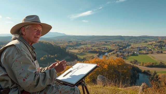 Senior painter sketching autumn river valley hilltop wearing wide-brim hat and paint jacket
