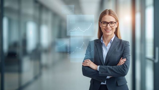 Confident businesswoman presenting digital analytics dashboards in modern office corridor