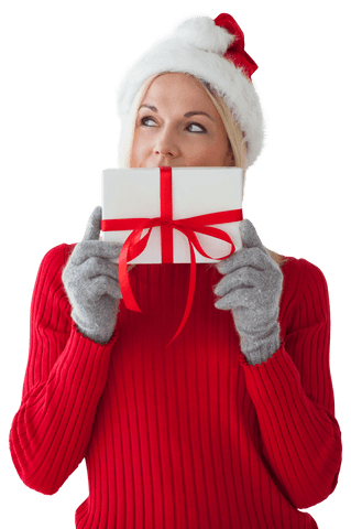 Woman in Santa Hat Holding Gift for Christmas Celebration, Transparent Background