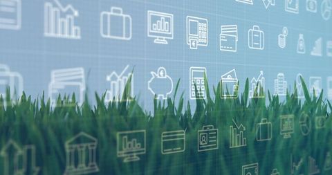 Green grass band meeting glowing blue grid with finance icons overlaying digital landscape