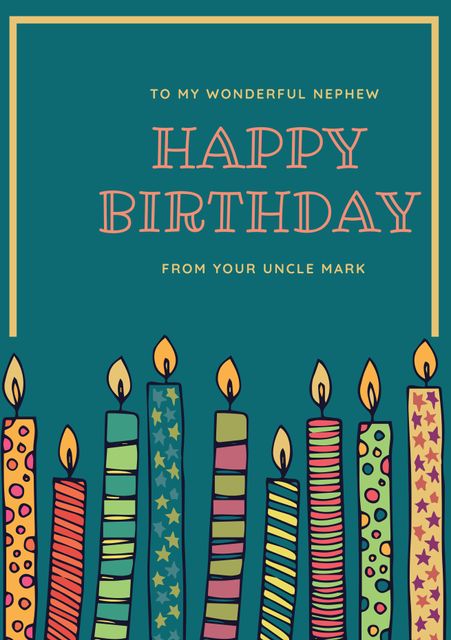 Ideal for creating customized birthday greetings for family and friends. Features a colorful array of birthday candles at the bottom with space for personalized messages. Perfect for sending birthday wishes to loved ones, especially suited for family members like a nephew.