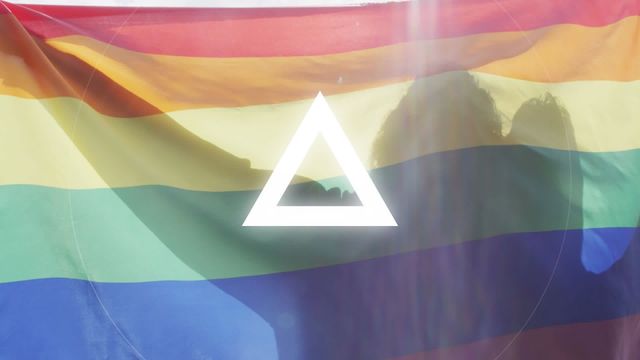 Dynamic animation featuring white geometric shapes layered over the rainbow stripes of the LGBT flag, with two silhouettes projected behind. Suitable for use in educational materials on diversity, Pride-themed digital content, social media posts promoting inclusivity, or creative projects celebrating the LGBT community and identity.