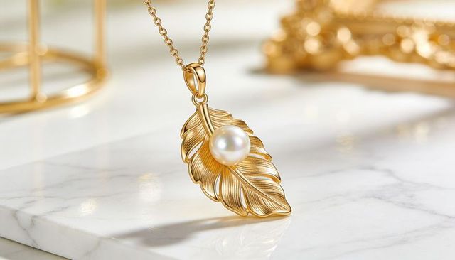 Gold leaf pendant featuring white pearl on marble surface, luxury jewelry close-up