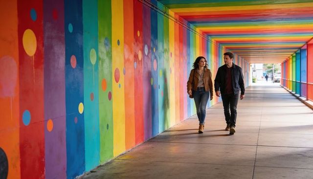 Couple walking through vibrant rainbow mural tunnel for urban lifestyle and street art