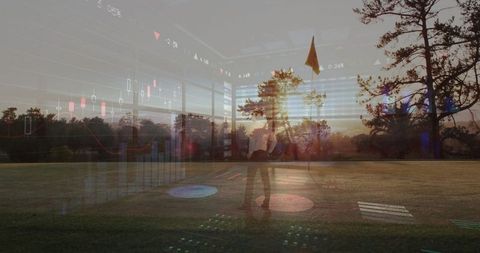 Golfer at Dusk Overlaid with Digital Business Charts and Analytics