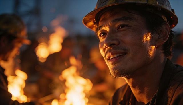 Smiling construction worker watching firelight at dusk wearing hard hat and soot-streaked face