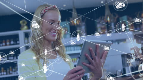 Smiling Woman in Cafe Using Digital Tablet with Social Network Overlays