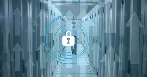 Businessman in Secure Server Room with Digital Lock Overlay - Download Free Stock Images Pikwizard.com