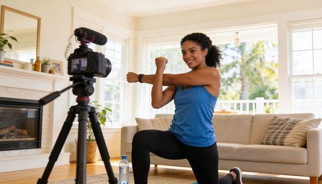 Woman recording home workout video leading guided stretch and lunge with tripod microphone