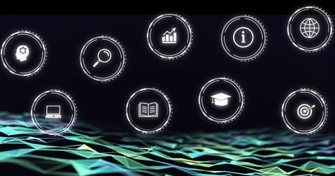Digital Education Icons Floating Over Abstract Network - Download Free Stock Images Pikwizard.com
