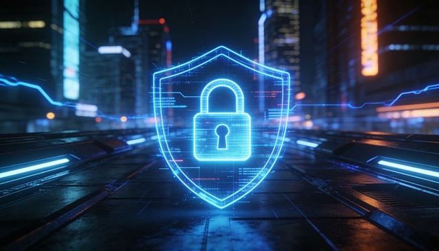 Neon holographic shield with glowing padlock over futuristic grid for cybersecurity