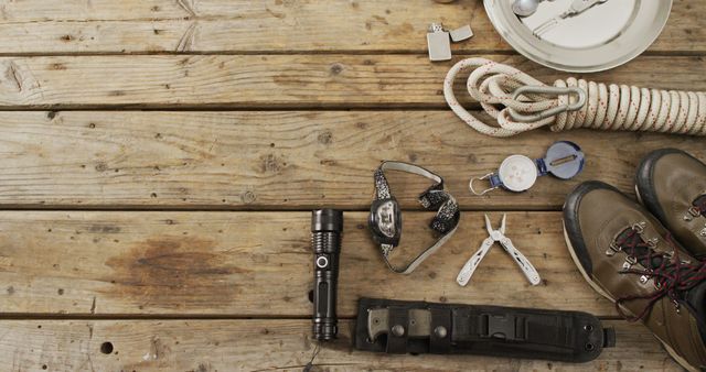 Camping Gear and Equipment Laid Out on Wooden Table - Download Free Stock Images Pikwizard.com