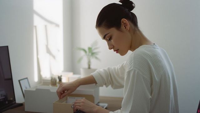 Young woman organizing desk, packing cardboard box in bright minimalist home office