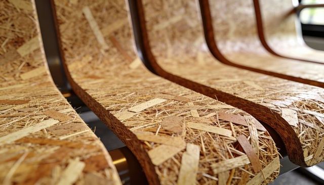 Curved osb bench seats highlighting wood flake texture on industrial metal frame