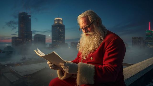 Santa Claus Reading Documents on Rooftop at Dusk