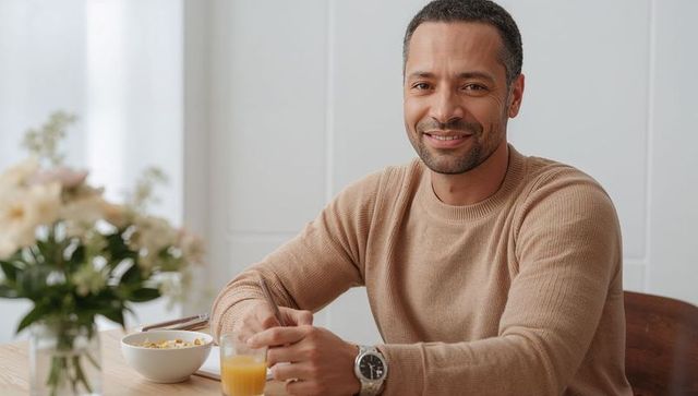 Smiling man enjoying relaxed breakfast at home holding orange juice and eating cereal