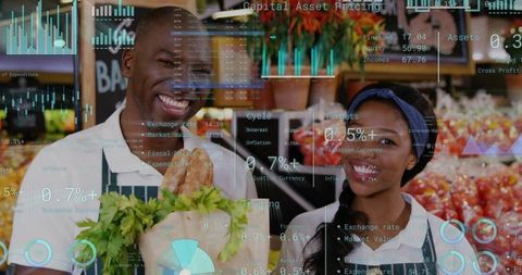 Grocery Staff Holding Baguette and Greens with Financial Data HUD Overlay in Produce Aisle