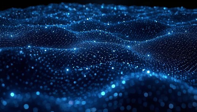 Glowing blue particle wave mesh representing digital data network and neural connectivity