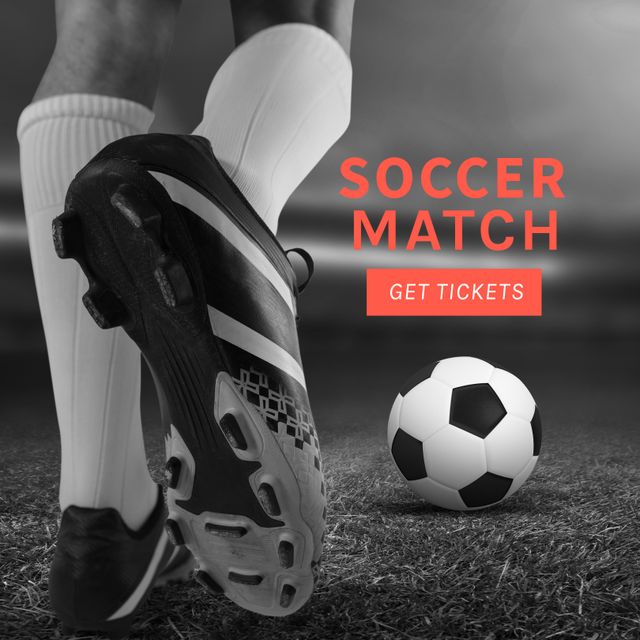 Gracefully designed soccer ticket promotion showing player's foot with ball. Ideal for advertising sports events, soccer matches, ticket sales and sports promotions. Perfect for website banners, social media posts or event flyers.