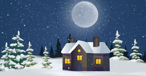 Snowy Night Cozy Cabin Under Full Moon