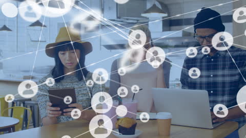 Diverse Business Team Using Digital Devices with Network Overlay