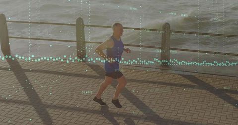 Senior Man Running on Promenade with Fitness Data Overlay
