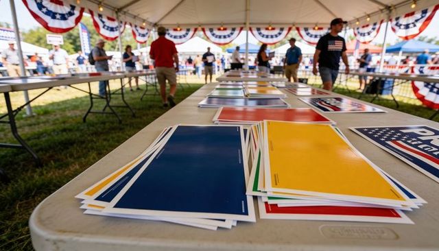 Volunteers sorting campaign signs under patriotic canopy at outdoor election event